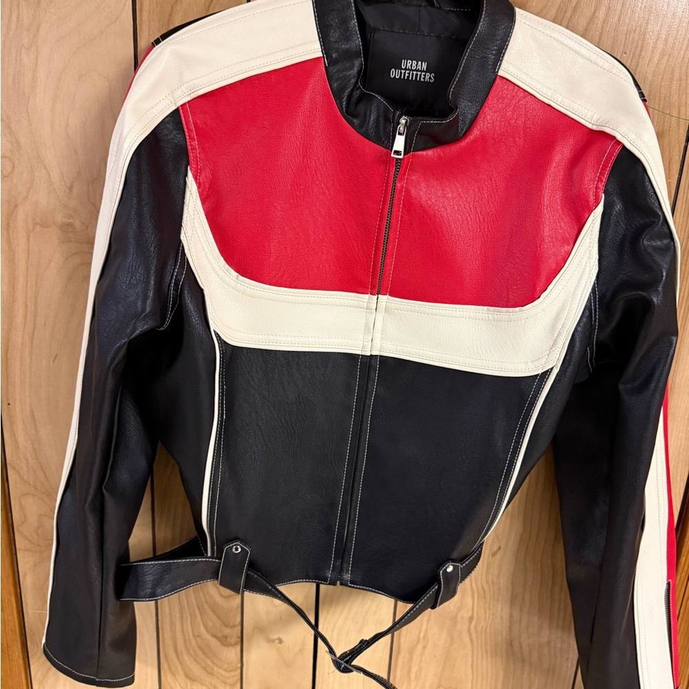 Urban Outfitters Women's Red and Black Faux Leather Moro Jacket Size L